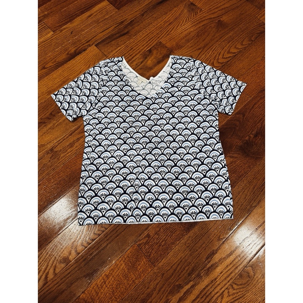 Talbots Short-sleeve Knit Shirt Navy White Geometric Fan Print Medium NEW